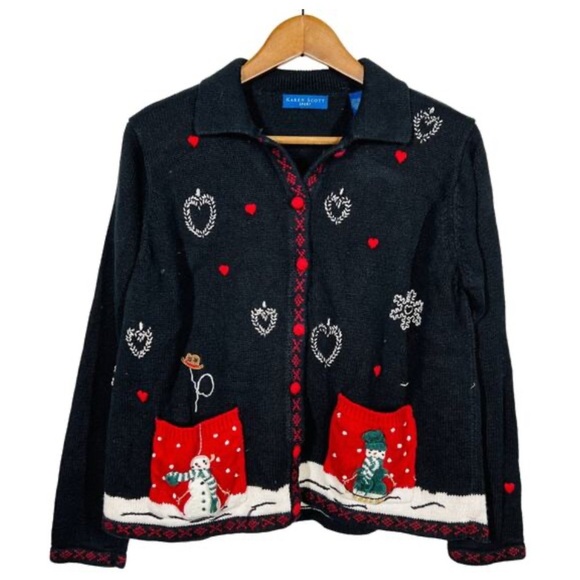 Womens Large Christmas Holiday Cardigan Sweater Karen Scott Vtg Button Up Pocket - Picture 5 of 15
